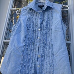 Ralph Lauren Light Blue Sleeveless Ruffle-Front Button Down Shirt